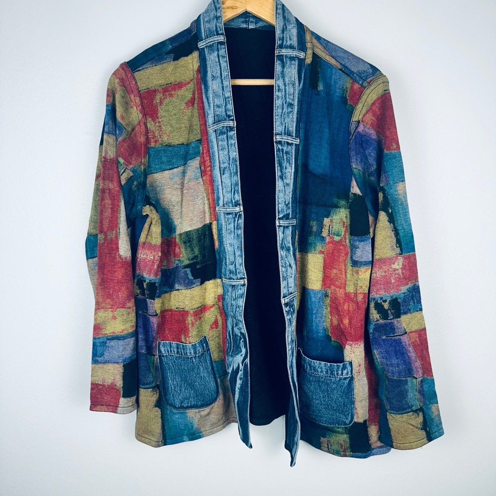 Parsley & Sage Multi Color Abstract Art to Wear Open Front Cardigan L